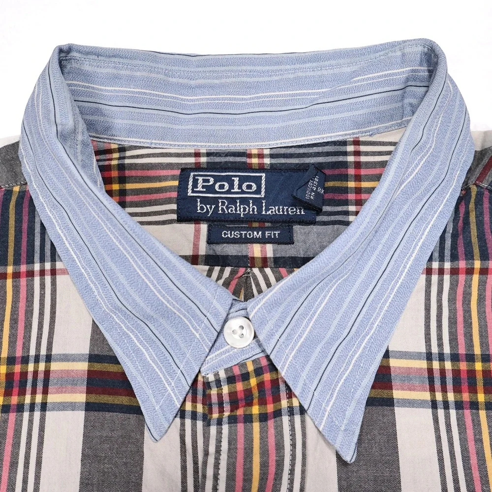 POLO RALPH‎ LAUREN Men's XL Plaid Custom Fit Contrasting Collar Button Up Shirt